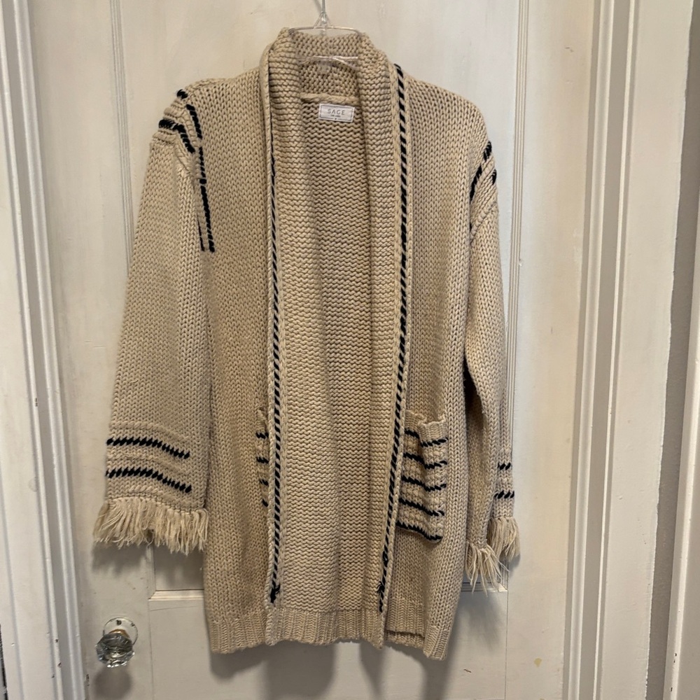 Sage The Label Bohemian Beige Knit Cardigan with Fringe Medium
